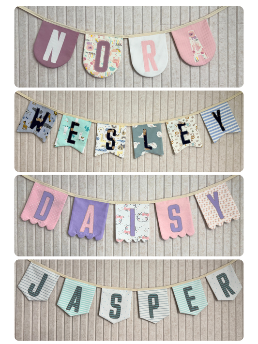 Keepsake Flag Name Banner | Custom Baby Name Banner from Baby Clothes, Personalized Nursery Decor